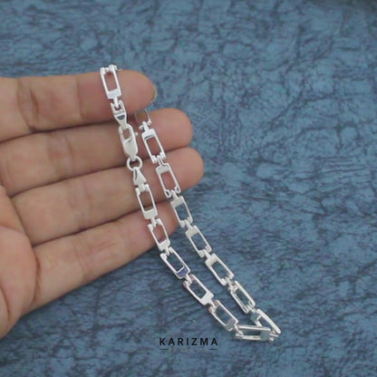 Real Silver Men's Geometric Rectangle Link Bracelet – 925 Sterling Silver