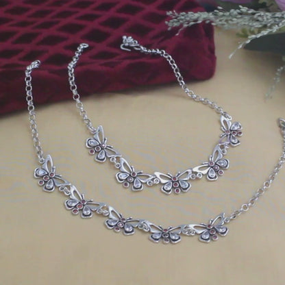 Cute 925 Sterling Silver orange white CZ Oxidized Elegant Butterfly women Anklet Pair 10.3"