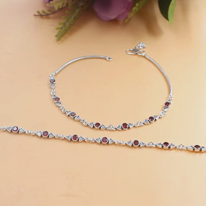 Premium 925 Sterling Silver Red White CZ Oxidised Pajeb Anklet Pair 10.3"