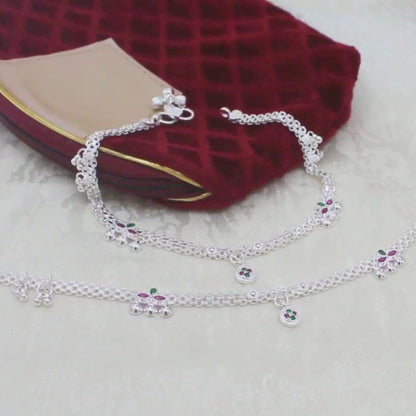 Real Sterling Silver Green Pink CZ Wedding Payal Anklet 10.3"