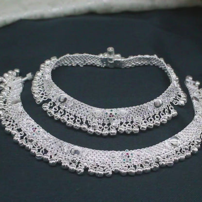 Real Silver Blue Pink CZ Women Bridal Heavy Ghungroo Pajeb Anklet – Pair