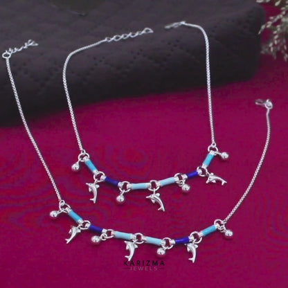 925 Sterling Silver girlish dangle Dolphins charms payal Anklet Pair 10.4"