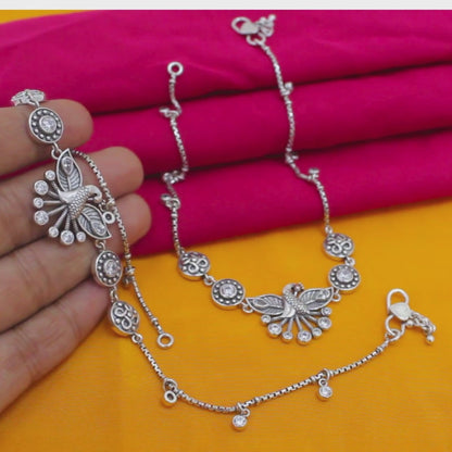 925 Silver Peacock Design White CZ Anklet Pair – Oxidized Finish