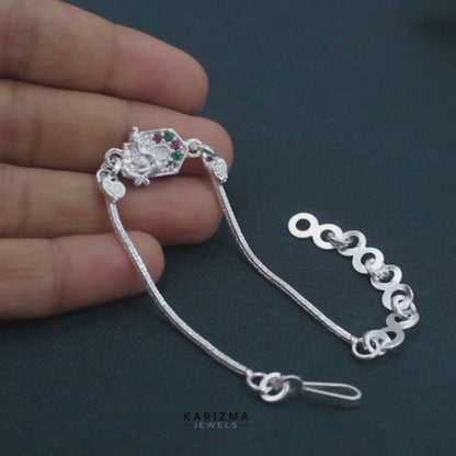 Real Silver Bracelet CZ Ganesha Rakhi 6"