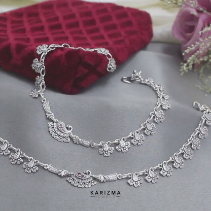 925 Sterling Silver Pink White CZ Oxidized Peacock pajeb Anklet Pair 10.3"