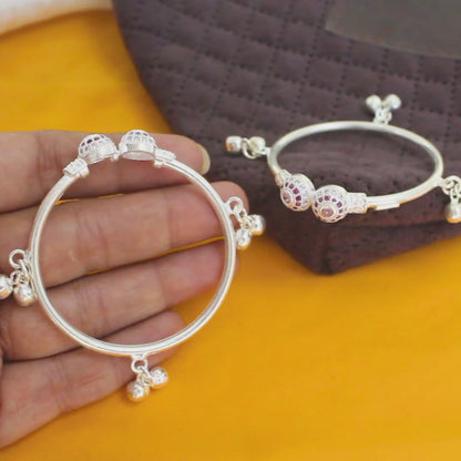 Real Sterling Silver Pink White CZ kids Bangles Bracelet With Jingle Bells - Pair