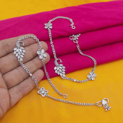 Women’s 925 Silver Peacock Anklet Payal Pair – White CZ Stones with Oxidized