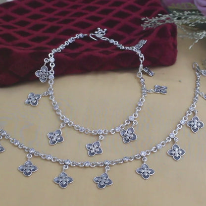 925 Sterling Silver floral White CZ Oxidised divine pajeb Anklet Pair 10.7"