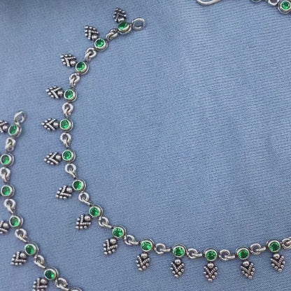 925 Sterling Silver Women Green CZ Oxidised boho style Anklets Pair 10.5"