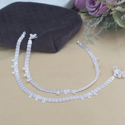 Ethnic Real Silver Heart-Shaped Drops Women Payal Anklet Pair 10.3"
