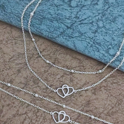 Girlish 925 Sterling Silver two Layered Love Heart beach Foot Anklet Pair 11"