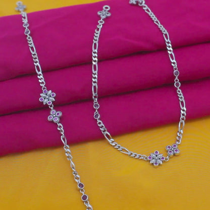 925 Sterling Silver Women’s Figaro Chain Payal – Pink & White CZ Oxidized Anklets 10.3 in
