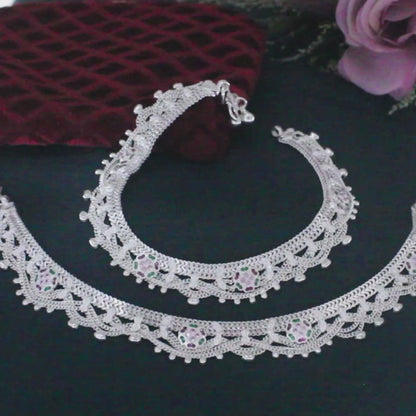 Real Sterling Silver women cultural design Multi CZ Anklet Ankle Bracelet 10.3"