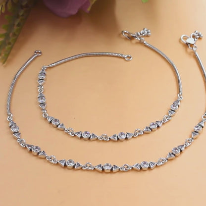 925 Sterling Silver White CZ Oxidised Anklet Payal Pair 10.3"