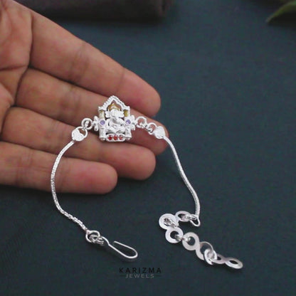 Real Silver Bracelet handmade CZ Ganesh Rakhi 6.3"
