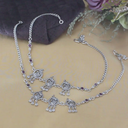 Beach wear 925 Sterling Silver Pink White CZ Oxidized peacock design women Anklet Pair 10"