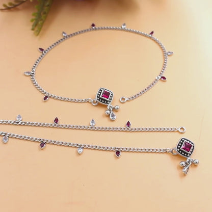 925 Sterling Silver Pink White CZ Oxidised Diva Drops Payal Anklet Pair 10.3"