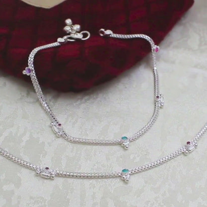 Elegant Real Silver Pink CZ Drop Beads Anklet Payal for Women