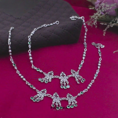 Peacock design jhanjhar 925 Sterling Silver Green white CZ Oxidised women Anklet Pair 10.5"