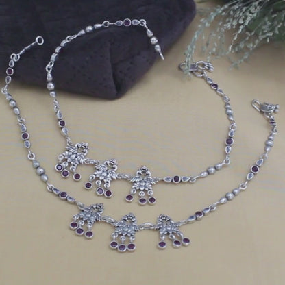 Divine 925 Sterling Silver Pink White CZ Oxidized women peacock Anklet Pair 10.5"