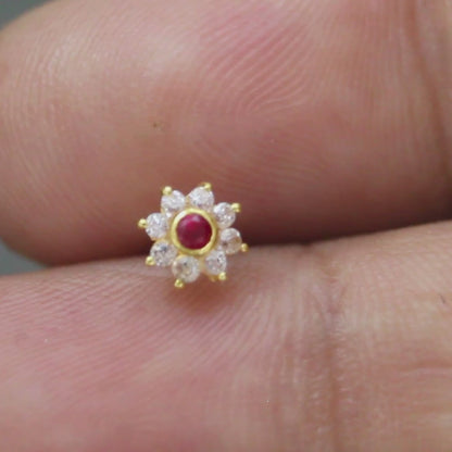 Floral style 18K Real Gold Women Pink White CZ Nose Pin nose ring Push Pin