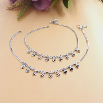 925 Sterling Silver White CZ Oxidised Floral Charm Payal Anklet Pair 10.3"