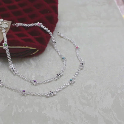 Stylish Real Silver Blue Pink CZ Anklet – Sleek Chain Payal Design