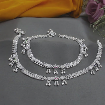 Real Sterling Silver women Multi CZ dangle cultural design Anklet Ankle Pair 10.3"