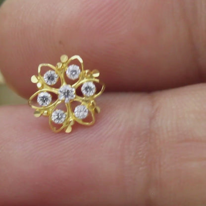 18K Real Gold Women White CZ Flower Nose Pin nose ring Push Pin