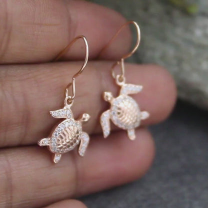Boho chic 925 Sterling Silver White CZ Ocean Charm Rose Gold Turtle Earrings
