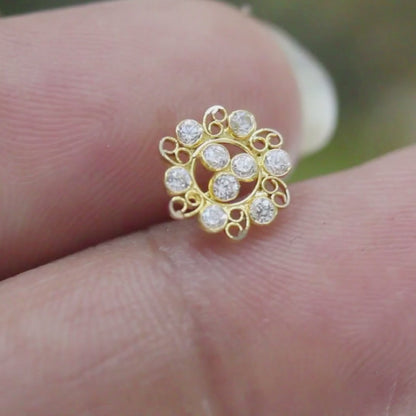 Floral style 18K Real Gold White CZ Nose pin nose ring Push Pin