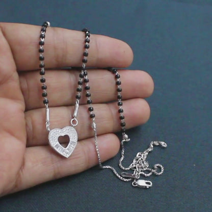 Cute 925 Sterling Silver CZ Heart  Black Beads Mangalsutra women chain for wife
