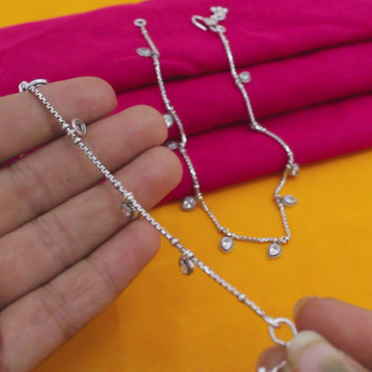 925 Sterling Silver Jhanjhar Pair – Teardrop Dangle Charm Oxidized Anklets