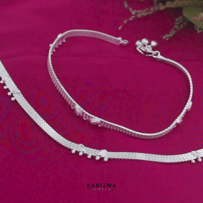 Real Silver Belt Pattern Jhanjhar Women Anklet Pair 10.3"