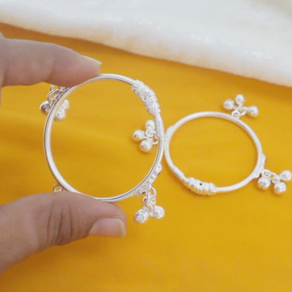 Hollow Real Silver kids Bangles Bracelet With Jingle Bells - Pair