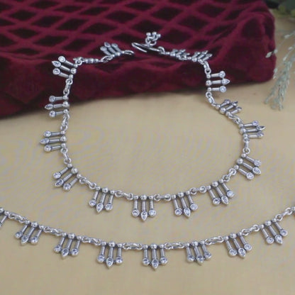 925 Sterling Silver Excellent gifting White CZ Oxidised payal Anklet Pair 10.5"