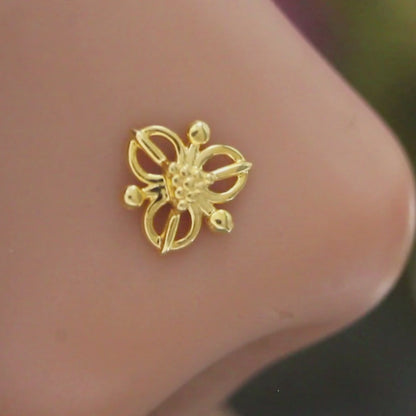 18K Real Gold women floral Nose pin cum Earring Gold Screw Back