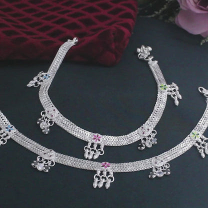 Real Sterling Silver women Multi CZ  party wear Anklets Ankle Pair 10.3"
