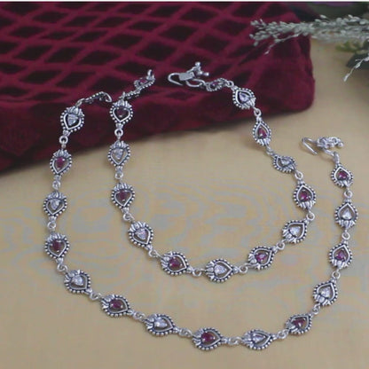 925 Sterling Silver Excellent Pink White CZ Oxidised pajeb Anklet Pair 10"