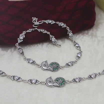 925 Sterling Silver Green White CZ Oxidised Peacock design Jhanjhar Anklet Pair 10"