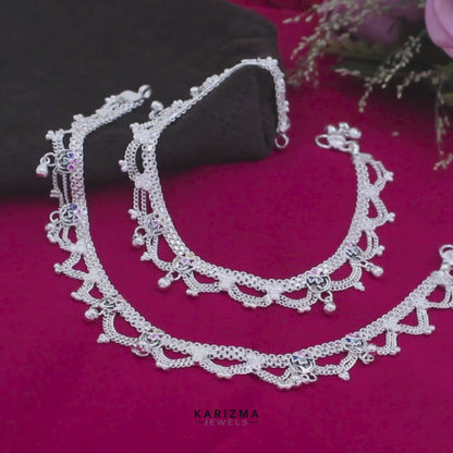 Real Sterling Silver women jhallar design Anklet Ankle Bracelet 10.3"