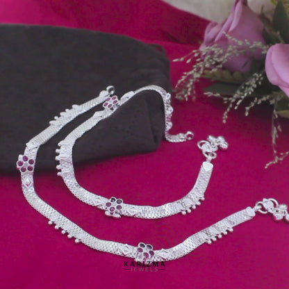 Real Sterling Silver women Pink White CZ Anklet Ankle Pair 10.3"