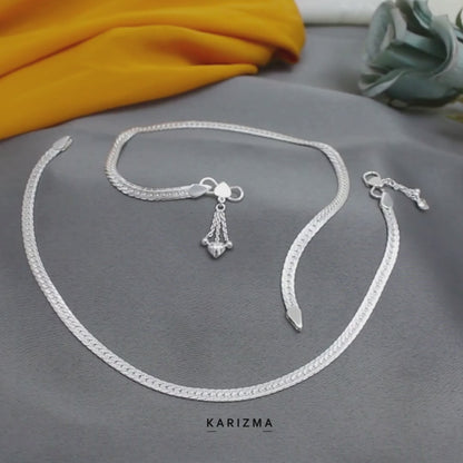 925 Sterling Silver Women Snake Chain Gifting Payal Anklet Pair 10.3"