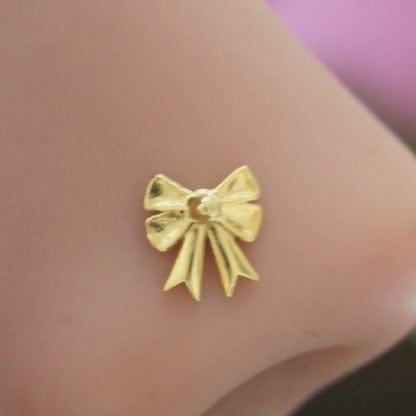 18K Real Solid Gold handmade amazing stylish bow Nose pin cum Earring Gold Screw Back