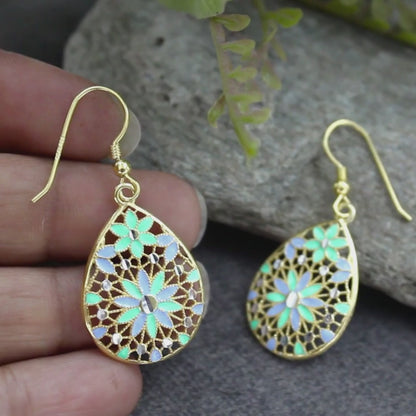 Unique 925 Sterling Silver Gold Tone Floral Drop Earrings