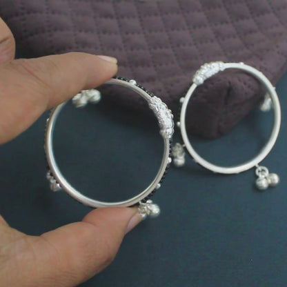 Real Silver handmade Black Beads Nazariya kids Bangles Bracelet With Jingle Bells - Pair
