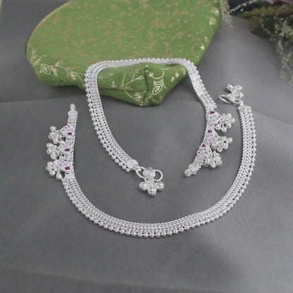 Real Sterling Silver women Pink CZ heart design Anklet Ankle Bracelet 10"