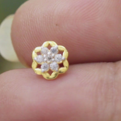 18K Real Gold Women White CZ Flower style gifting Nose Pin nose ring Push Pin