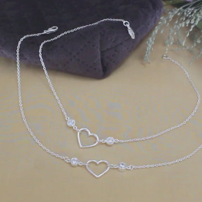 Exclusive 925 Sterling Silver girlish White CZ heart Chain Anklet Pair 10.3"
