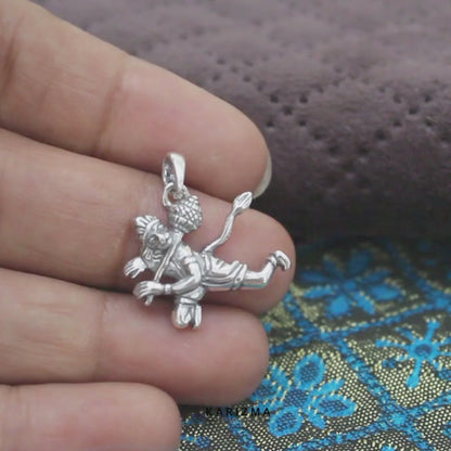 Oxidized 925 Silver Flying Hanumanji Pendant with Gada